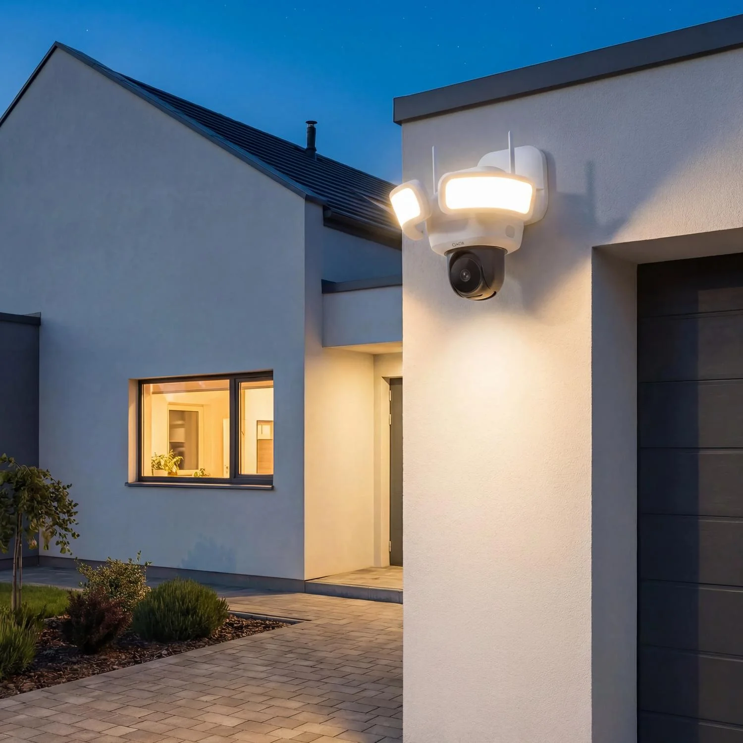 Smart outdoor security lighting with integrated surveillance camera protecting a home