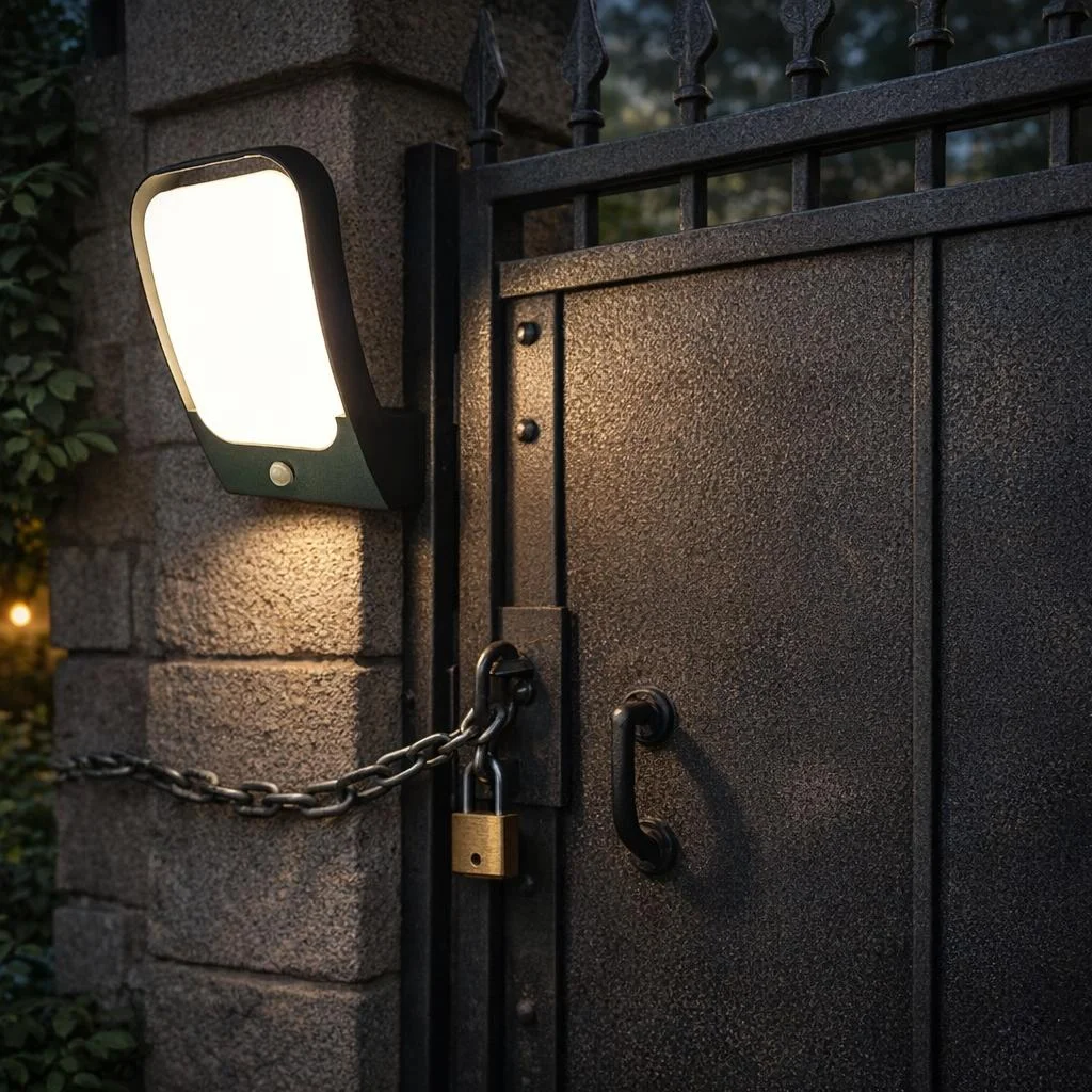 Motion sensor security light illuminating a residential side gate and pathway