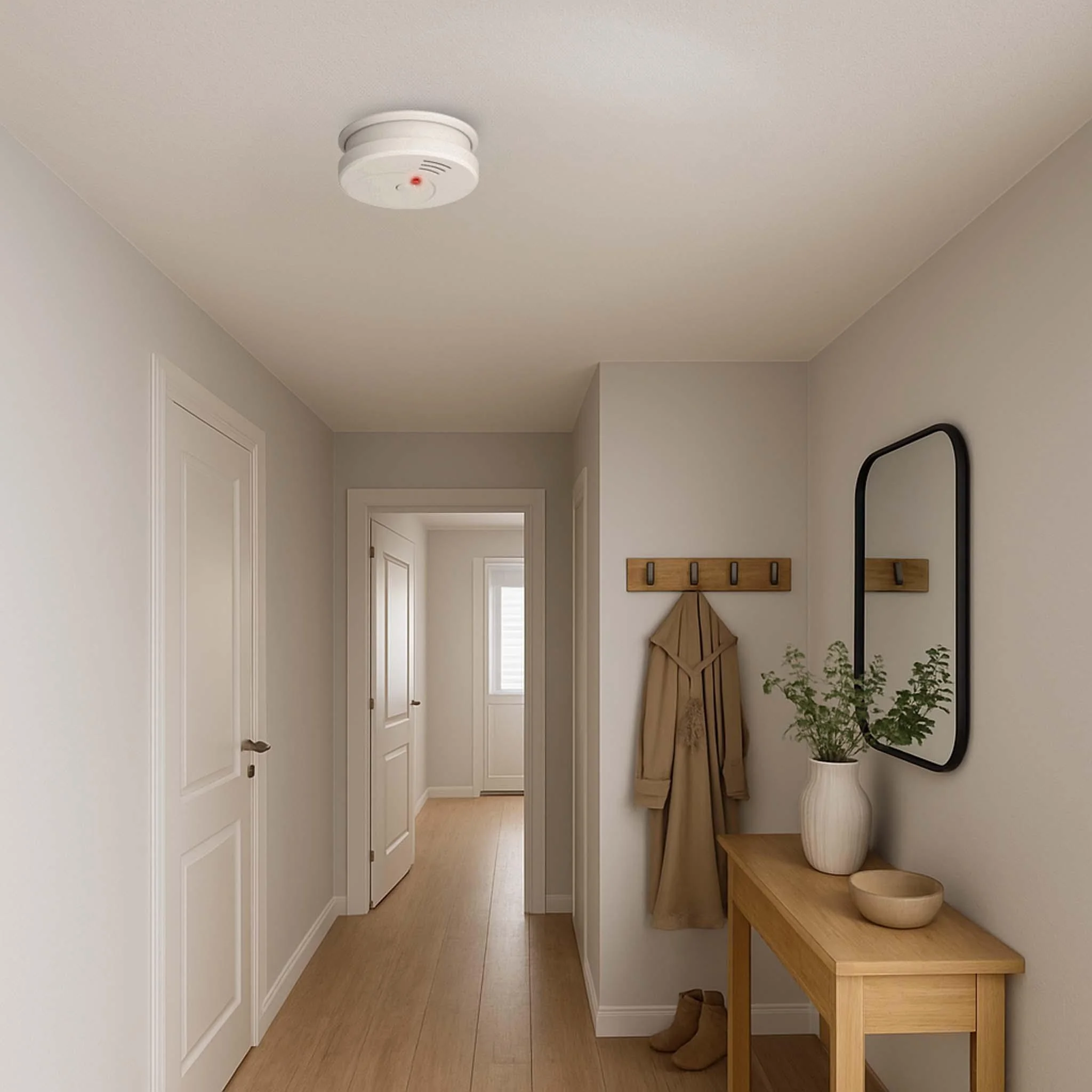 Smoke alarm installed on the ceiling of a residential hallway leading to bedrooms